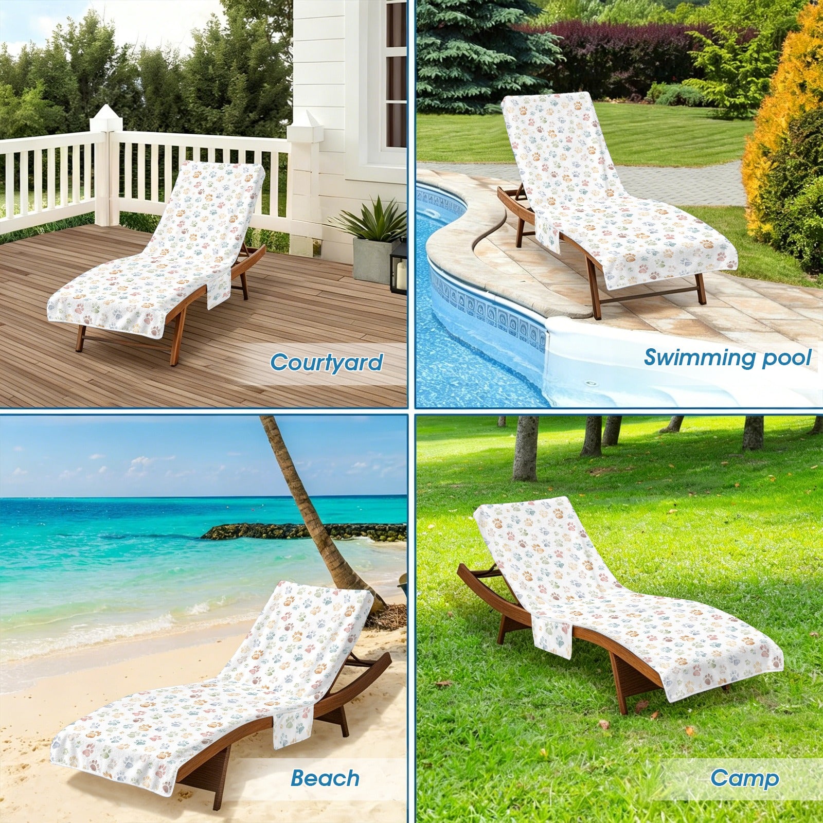 Paw Print Beach Chair Towel Cover with Side Pockets