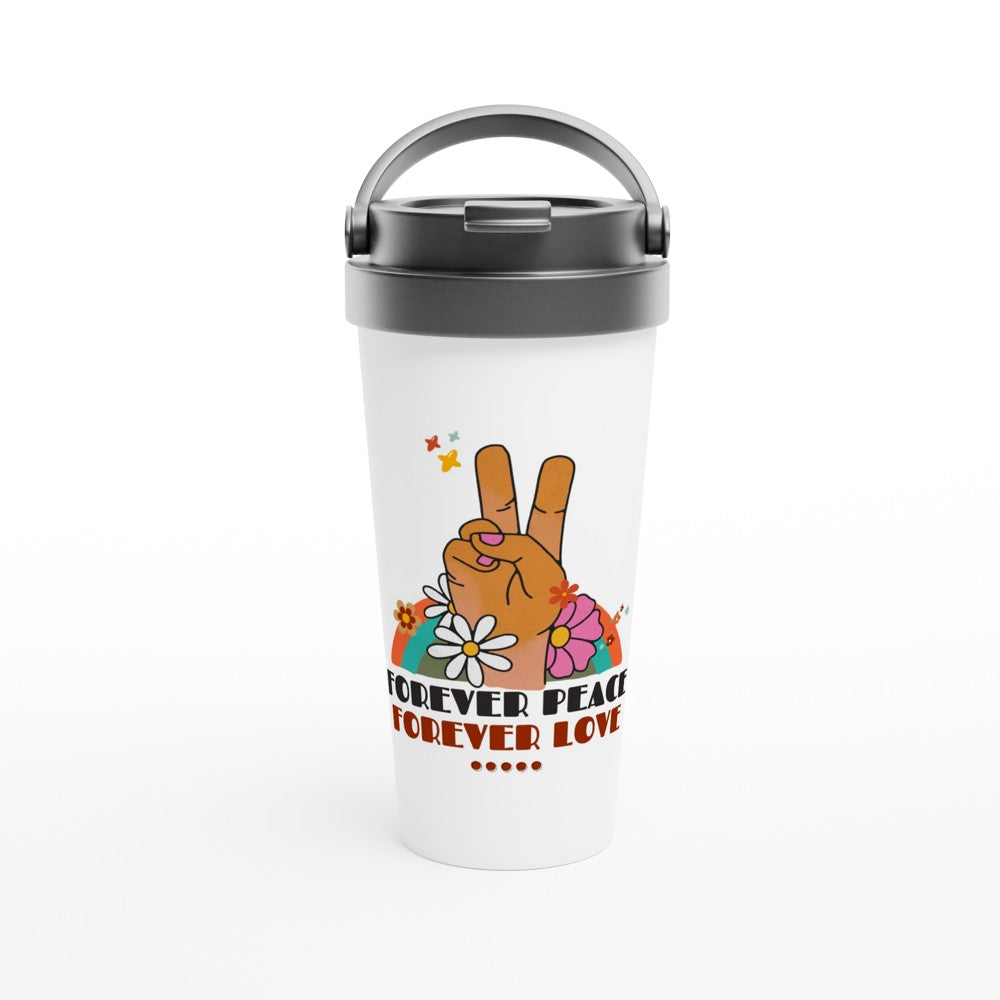 Forever Peace Forever Love - White 15oz Stainless Steel Travel Mug Default Title Travel Mug Globally Fulfilled positivity retro