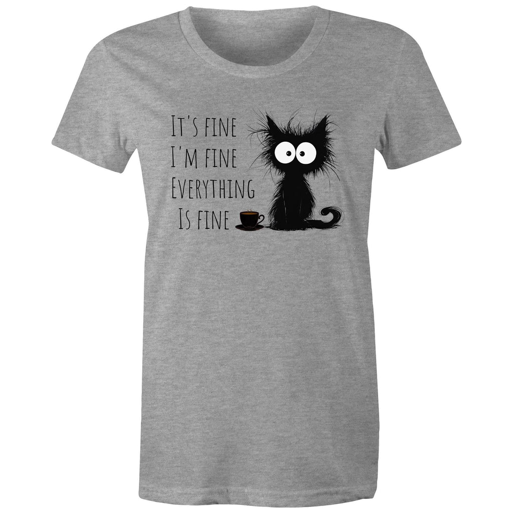 It's Fine, I'm Fine, Frazzled Cat - Womens T-shirt Grey Marle Womens T-shirt animal Printed In Australia