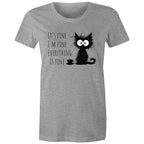 It's Fine, I'm Fine, Frazzled Cat - Womens T-shirt Grey Marle Womens T-shirt animal Printed In Australia