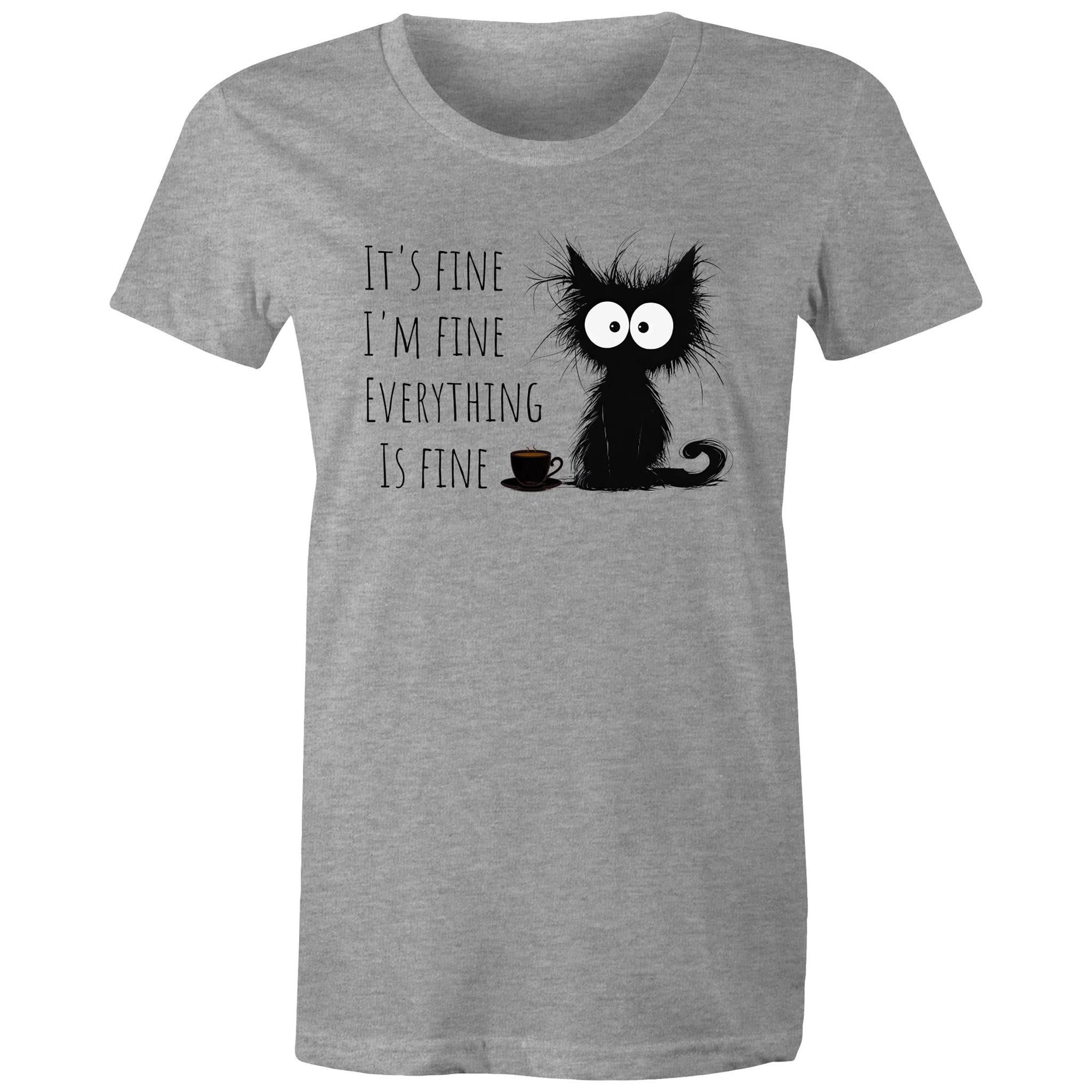 It's Fine, I'm Fine, Frazzled Cat - Womens T-shirt Grey Marle Womens T-shirt animal Printed In Australia