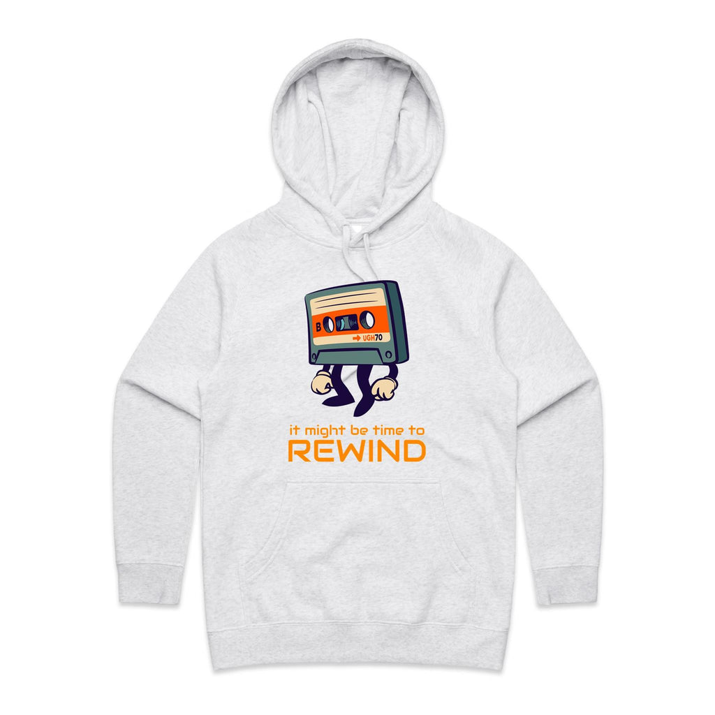 It Might Be Time To Rewind, Cassette Tape - Womens Hoodie White Marle Womens Hoodie Music Printed In Australia Retro