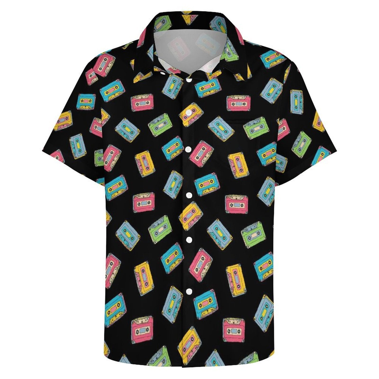 Colourful Cassette Tapes Women's Short-Sleeve Button Up Shirt Women's Short-Sleeve Button Up Shirt Music Printed Offshore Retro