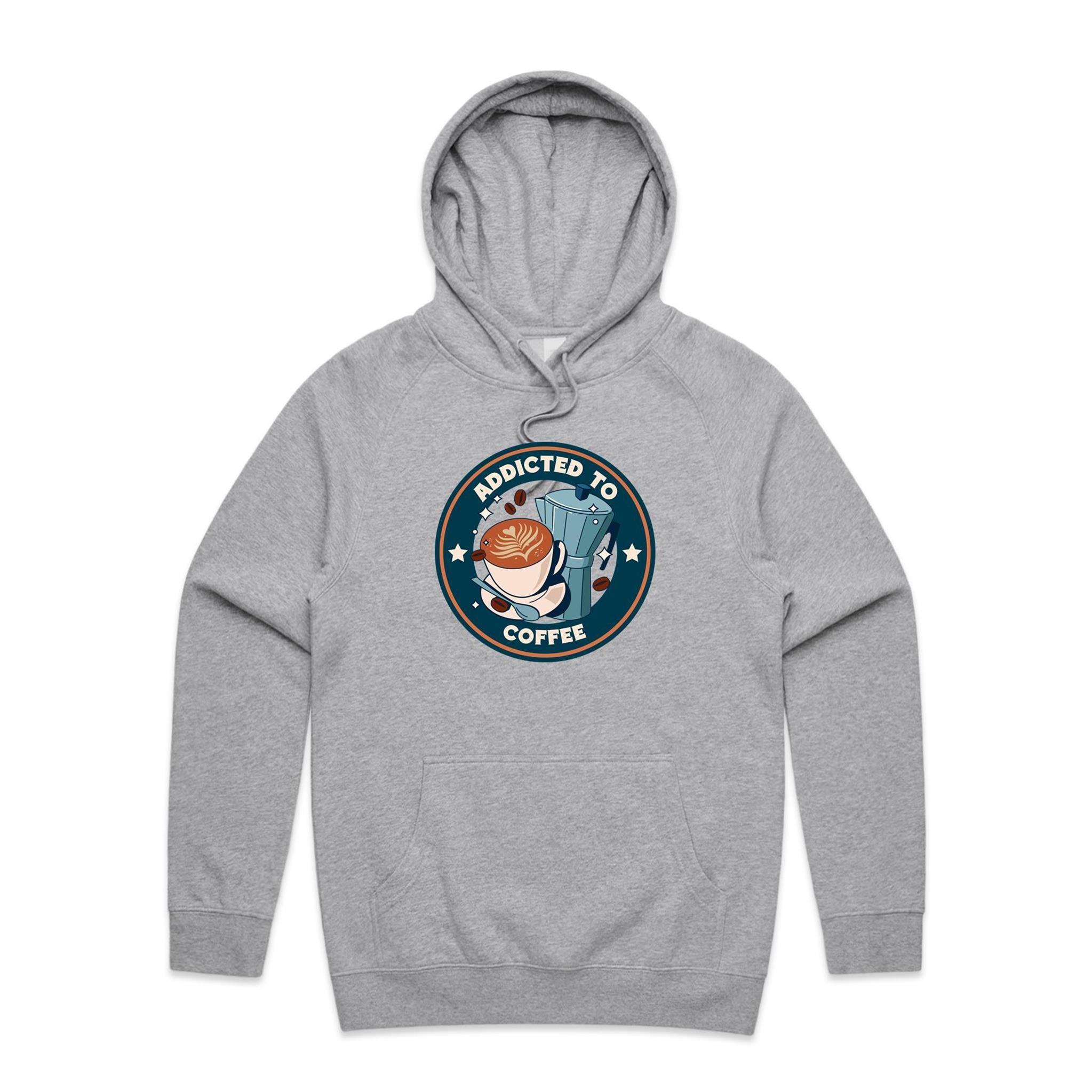 Addicted To Coffee - Mens Hoodie Grey Marle Mens Hoodie Coffee Printed In Australia