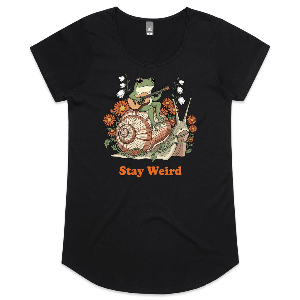 Stay Weird, Guitar Playing Frog On A Snail Women's AS Colour Scoop Neck T-Shirt Black Womens Scoop Neck T-shirt animal Music Printed In Australia