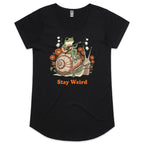 Stay Weird, Guitar Playing Frog On A Snail Women's AS Colour Scoop Neck T-Shirt Black Womens Scoop Neck T-shirt animal Music Printed In Australia