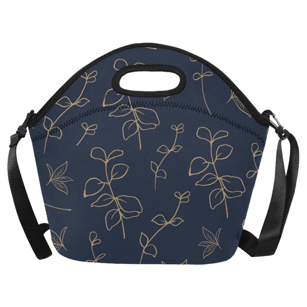 Gold Flowers On Navy Neoprene Lunch Bag/Large (Model 1669) One Size Neoprene Lunch Bag Plants Printed Offshore