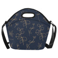 Gold Flowers On Navy Neoprene Lunch Bag/Large (Model 1669) One Size Neoprene Lunch Bag Plants Printed Offshore