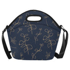 Gold Flowers On Navy Neoprene Lunch Bag/Large (Model 1669) One Size Neoprene Lunch Bag Plants Printed Offshore