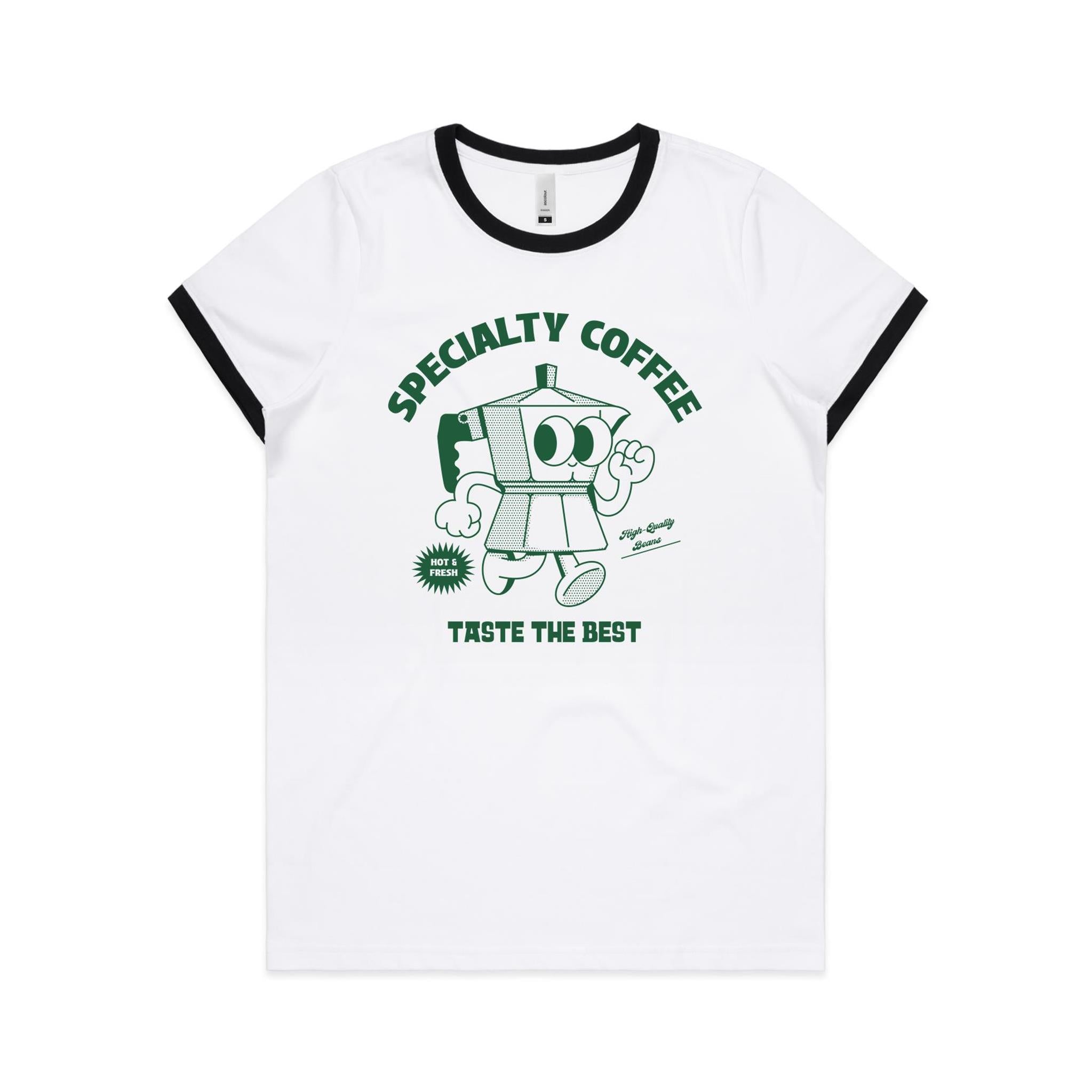 Specialty Coffee - Women's Ringer Tee White Black Womens Ringer T-shirt Coffee Printed In Australia