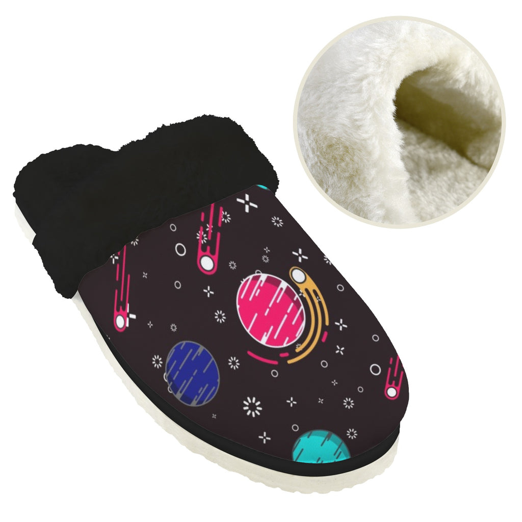 Planet Orbit Women's Fur Trim Thick-Sole Indoor Slippers Women's Fur Trimmed Slippers Printed Offshore Space