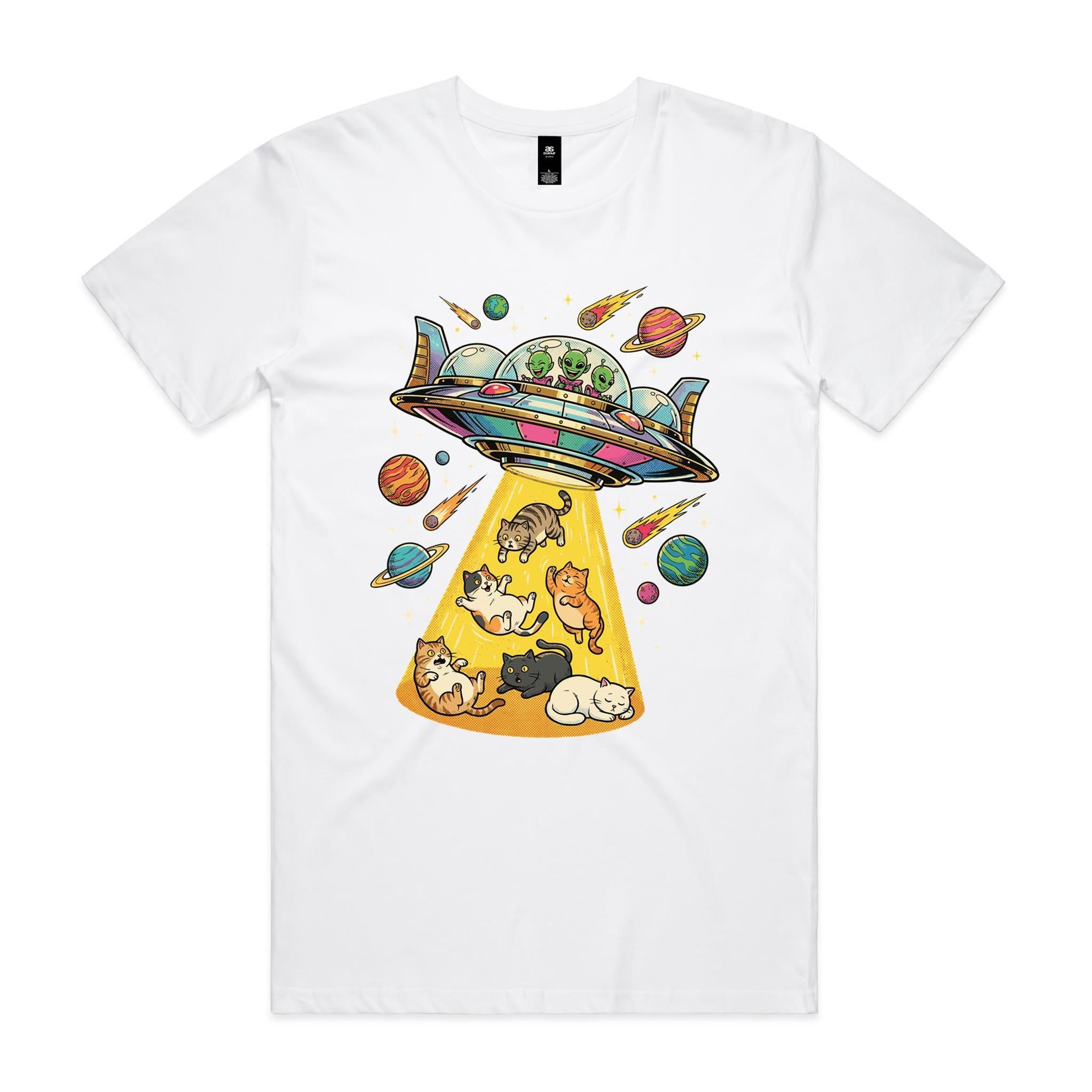 UFO Cat Abduction - Men's AS Colour T-shirt White Mens T-shirt animal Printed In Australia Sci Fi