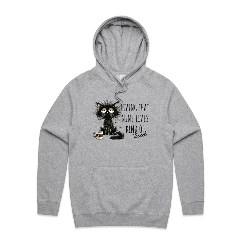 Living That Nine Lives Kind Of Tired, Frazzled Cat - Mens Hoodie Grey Marle Mens Hoodie animal Coffee Printed In Australia