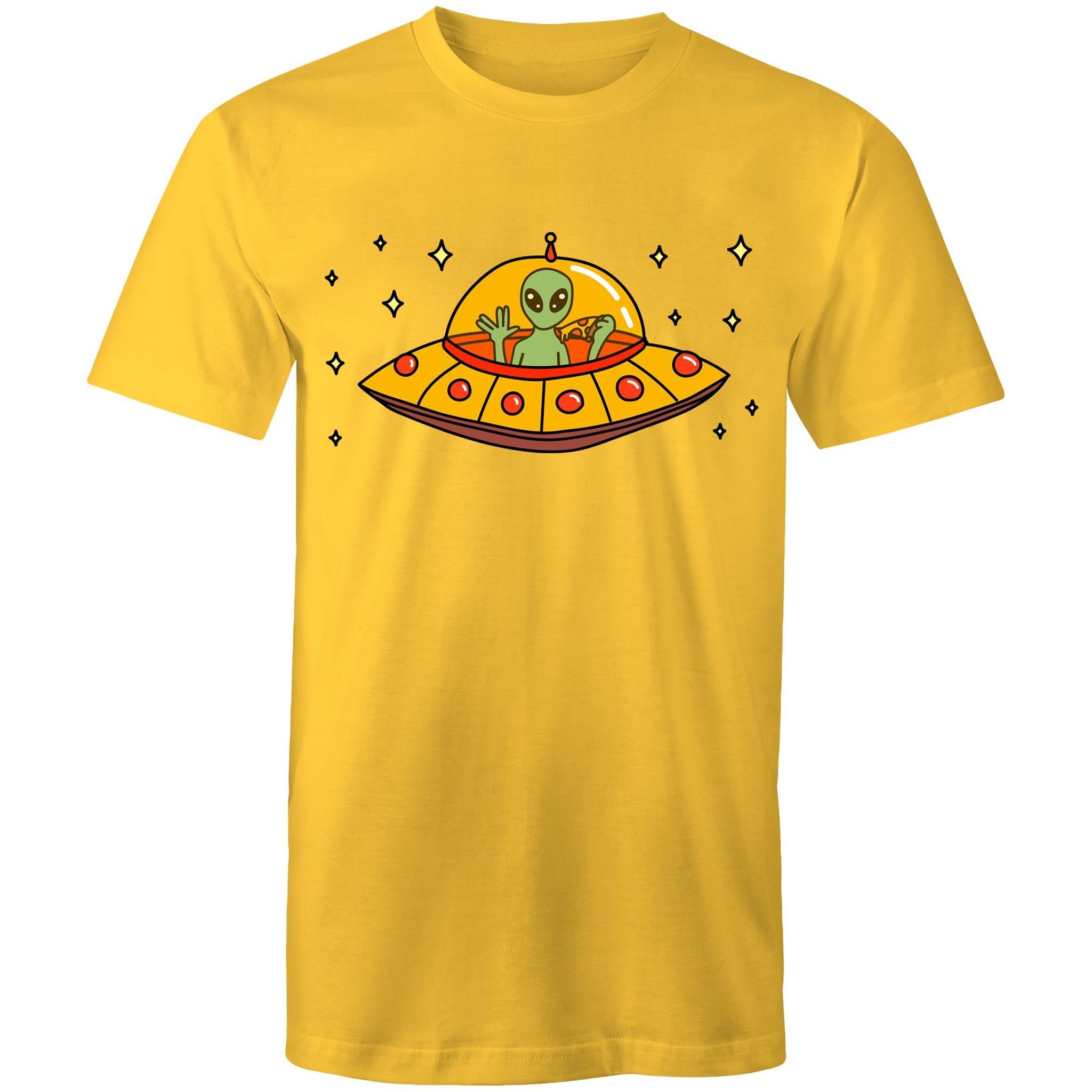 Alien Pizza - Mens T-Shirt Yellow Mens T-shirt Food Printed In Australia Sci Fi