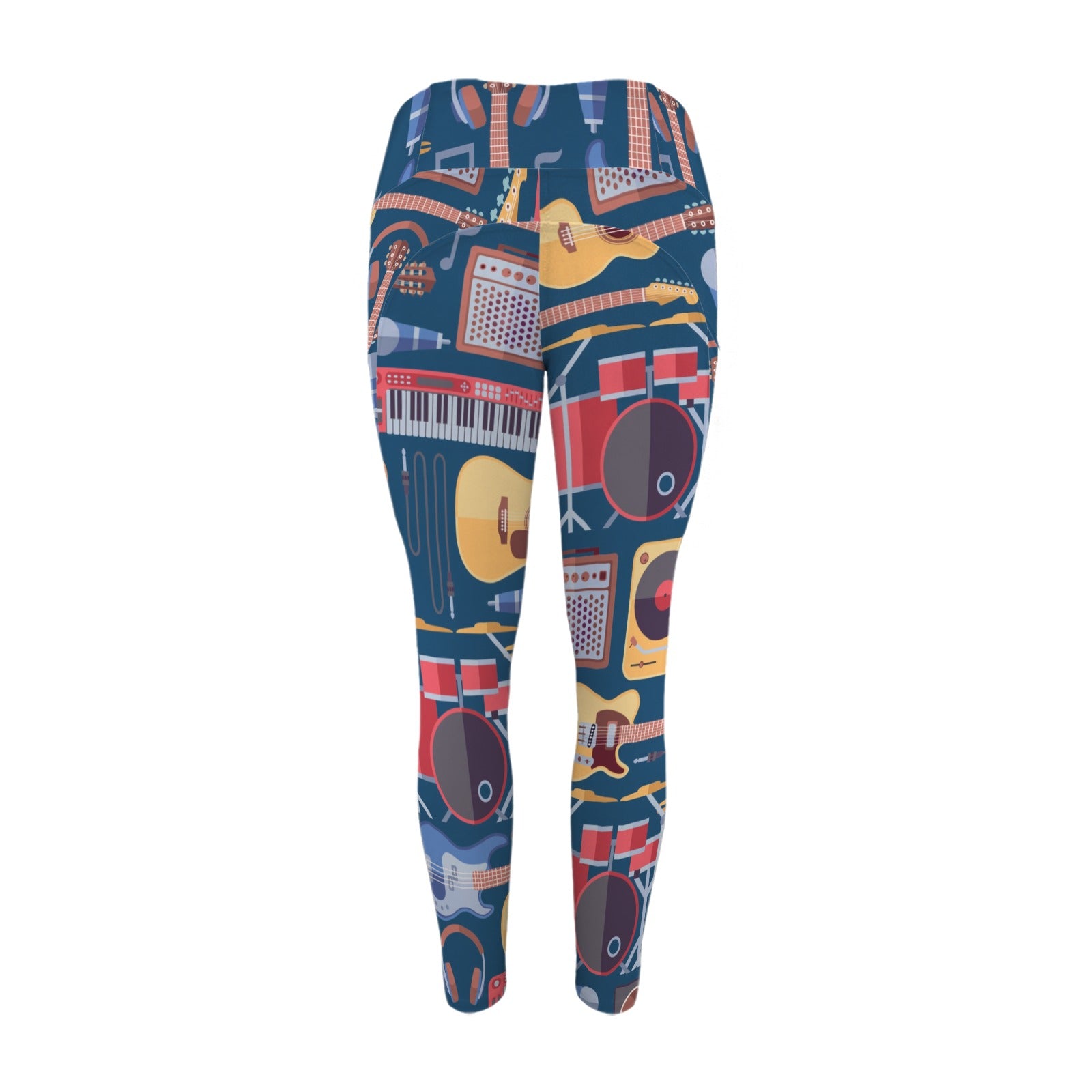 Music Instruments Blue - Women's High Waist Pockets Yoga Leggings