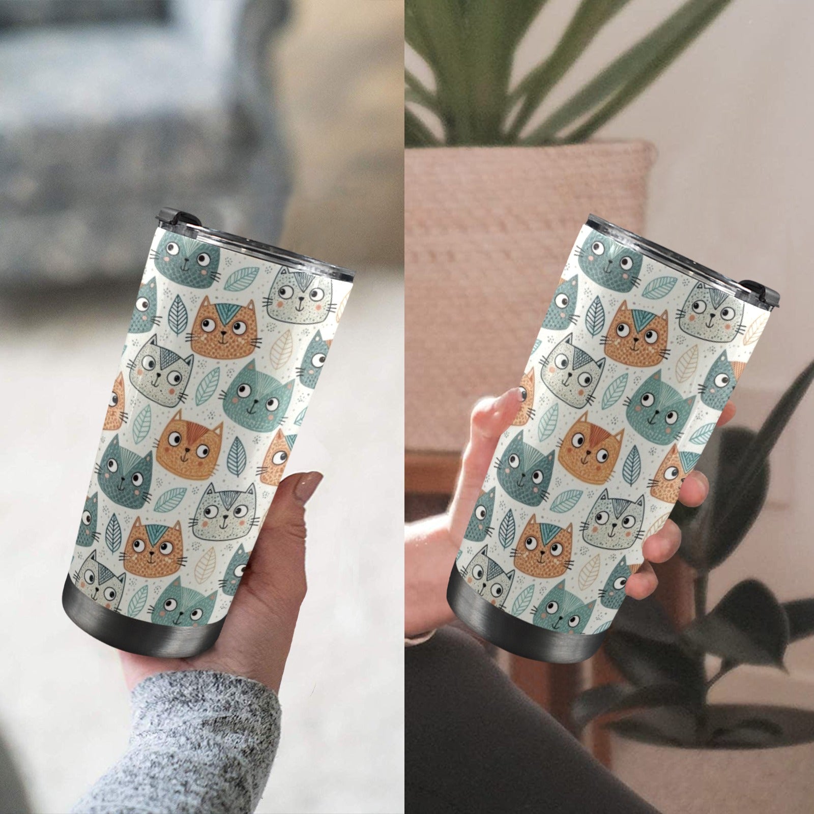 Cute Cat Faces - 20oz Mobile Tumbler with Lid (Black Lock) 20oz Travel Mug animal Printed Offshore