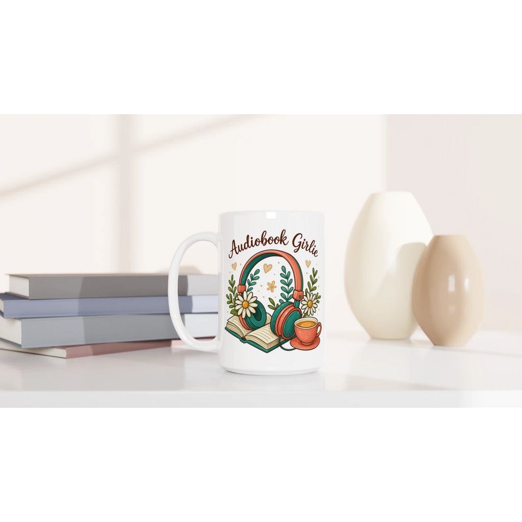 Audiobook Girlie - White 15oz Ceramic Mug 15oz Mug Globally Fulfilled Reading