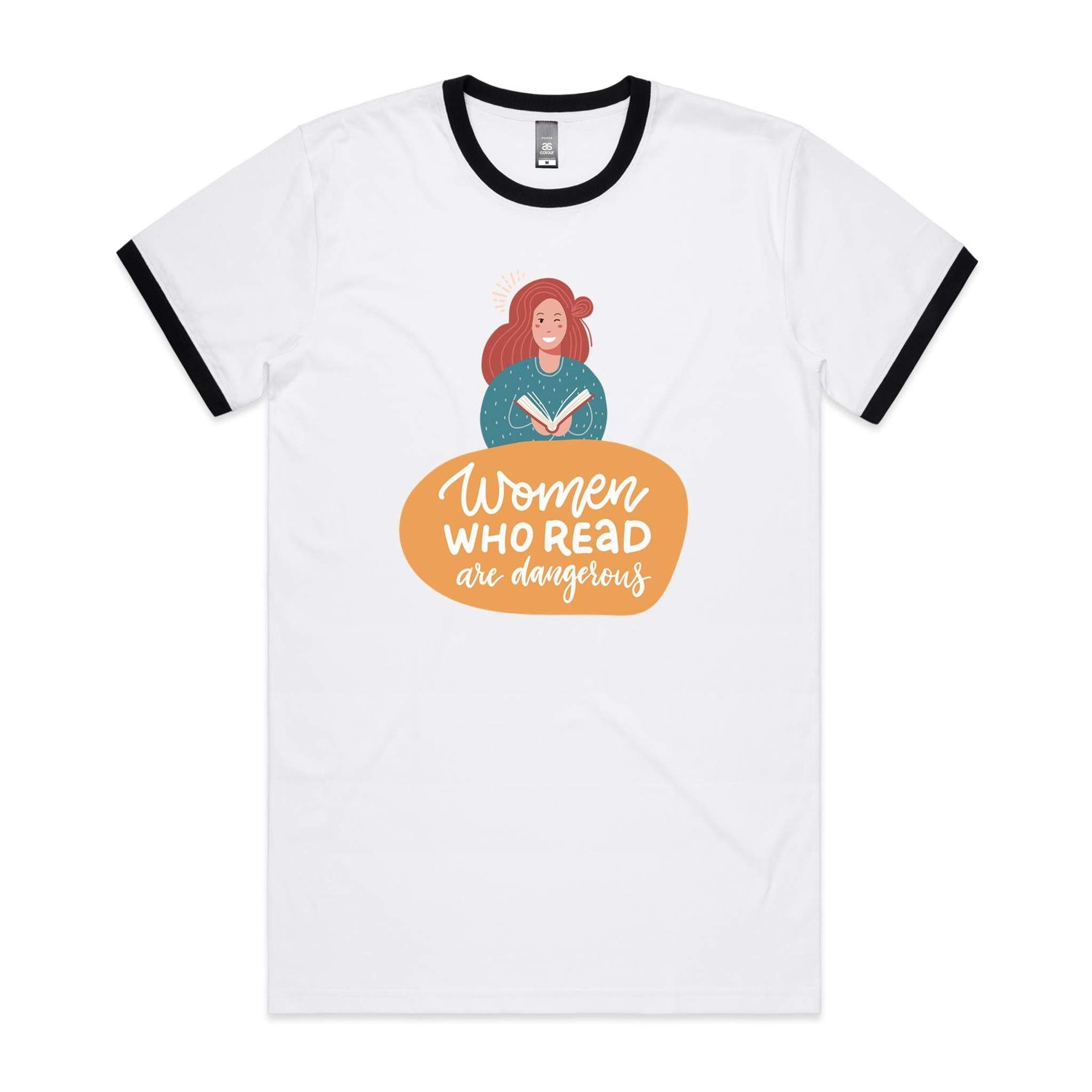 Women Who Read Are Dangerous - Staple Ringer Tee White Black Ringer T-Shirt Printed In Australia Reading