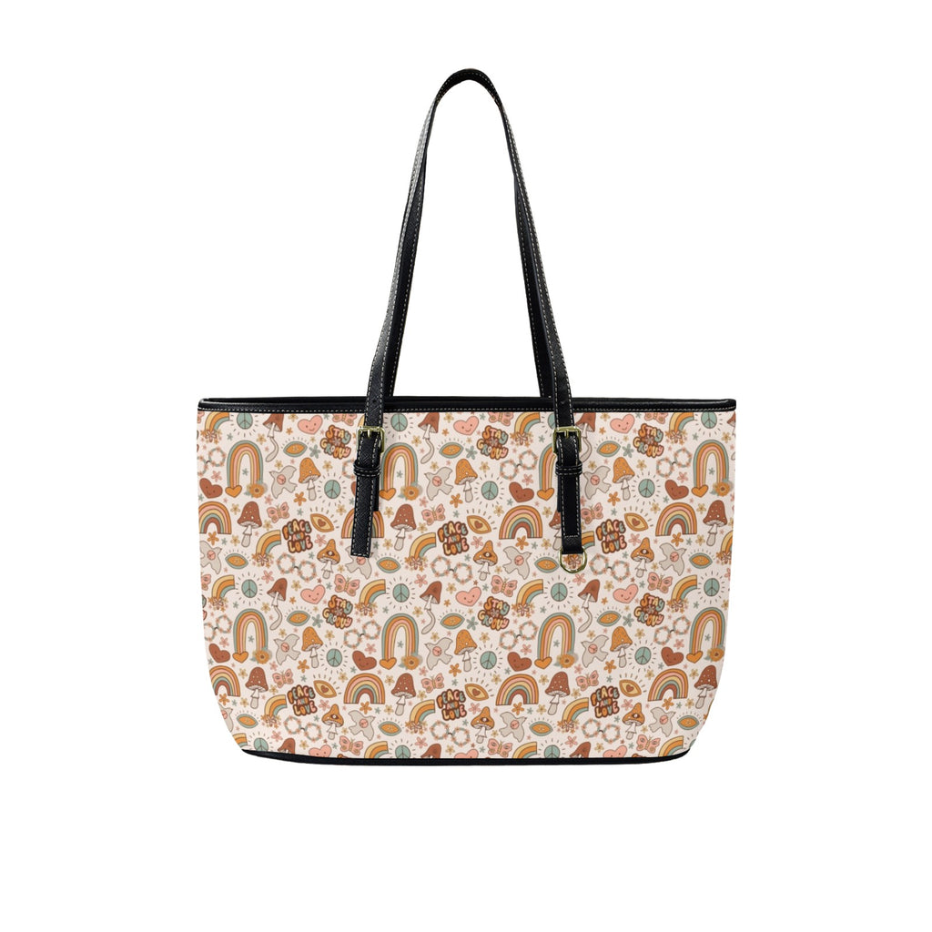 Peace And Love PU Leather Tote Bag Large One Size Leather Tote Bag-Large Love Printed Offshore Retro