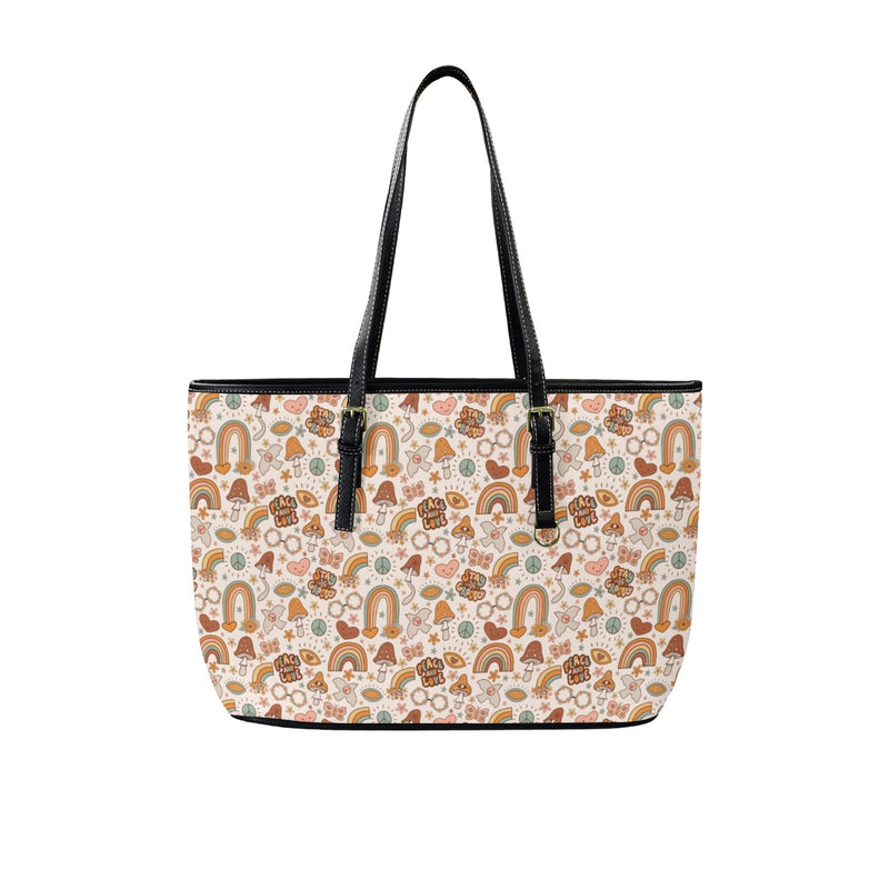 Peace And Love - PU Leather Tote Bag - Large One Size Leather Tote Bag-Large Love Printed Offshore Retro