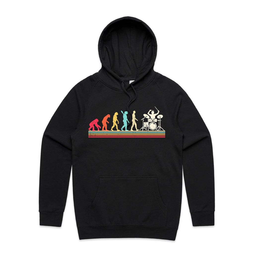 Drummer Evolution - Mens Hoodie Black Mens Hoodie Music Printed In Australia