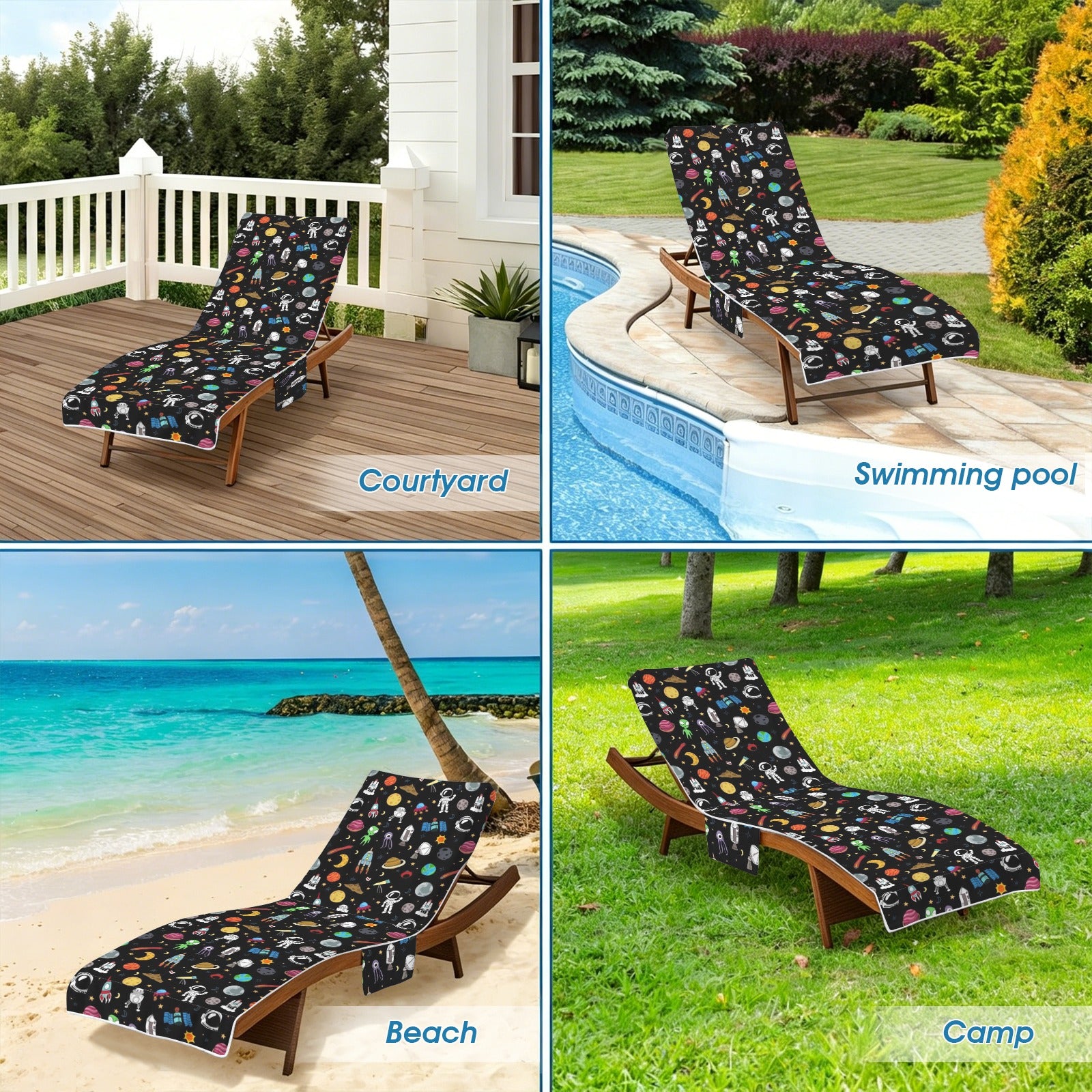 Fun Space Beach Chair Towel Cover with Side Pockets