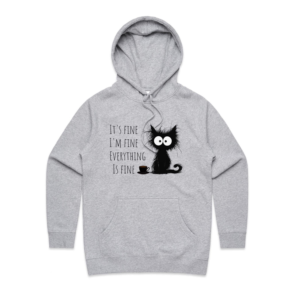 Frazzled Cat, It's Fine, I'm Fine, Everything Is Fine - Womens Hoodie Grey Marle Womens Hoodie animal Printed In Australia