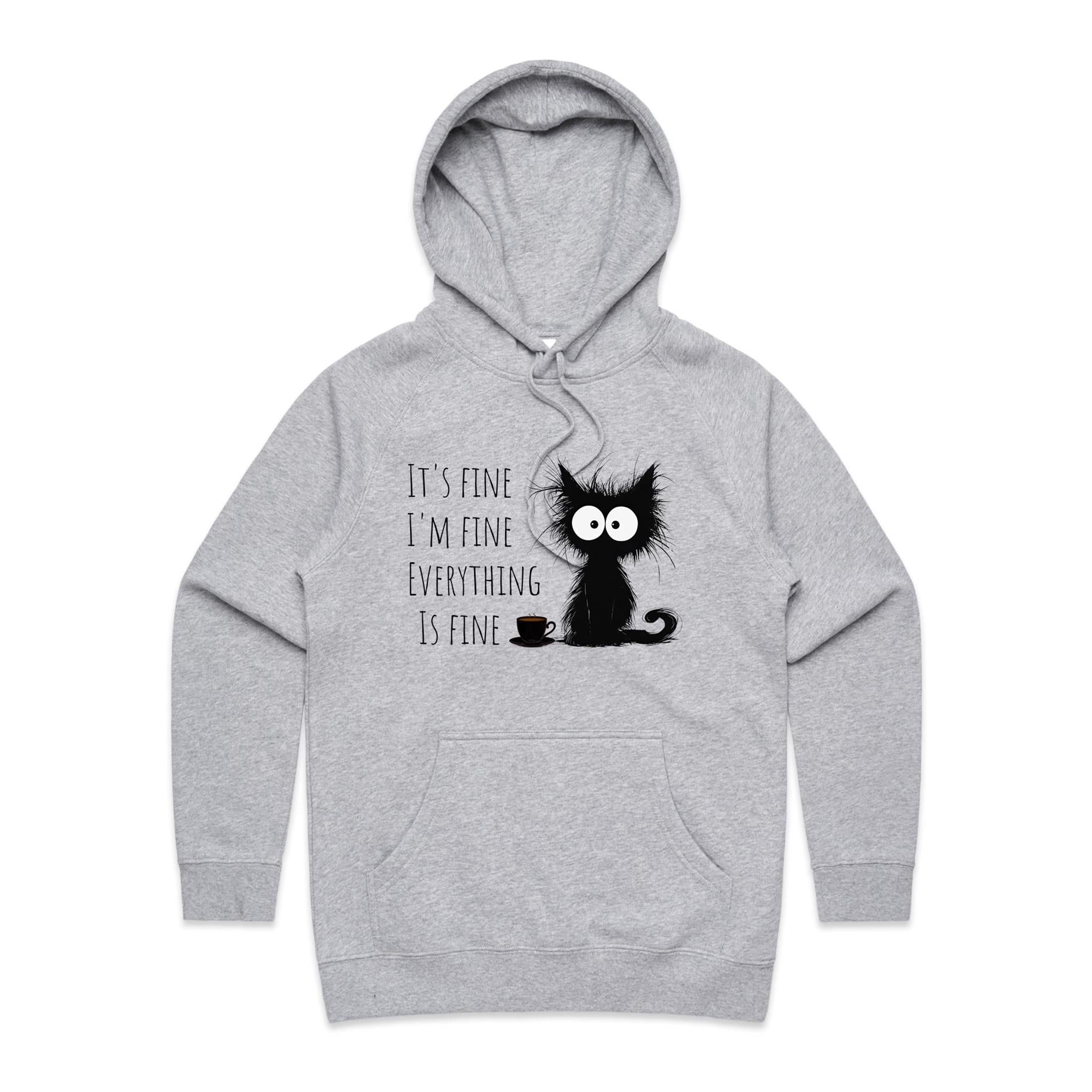 Frazzled Cat, It's Fine, I'm Fine, Everything Is Fine - Womens Hoodie Grey Marle Womens Hoodie animal Printed In Australia