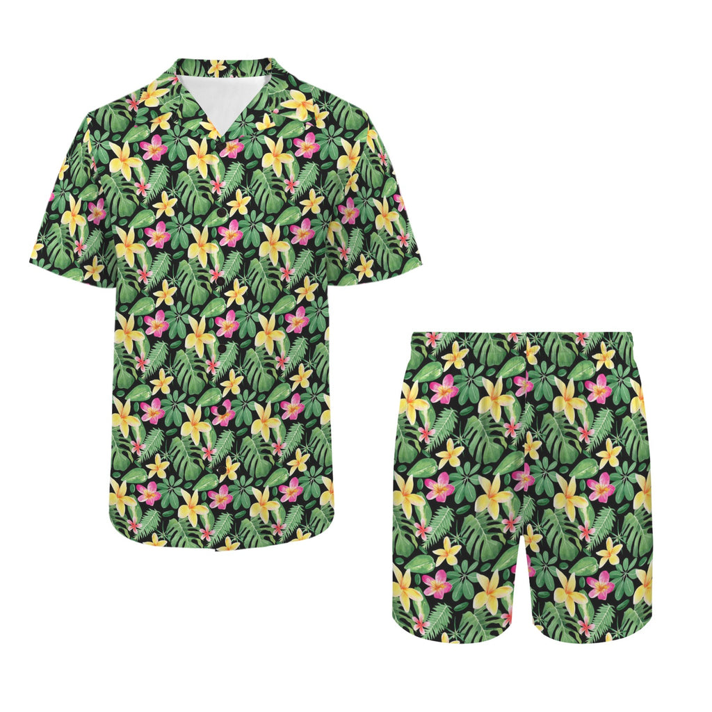 Frangipani Men's Hawaiian Shirt & Shorts Set Men's Hawaiian Shirt & Shorts Set Plants Printed Offshore