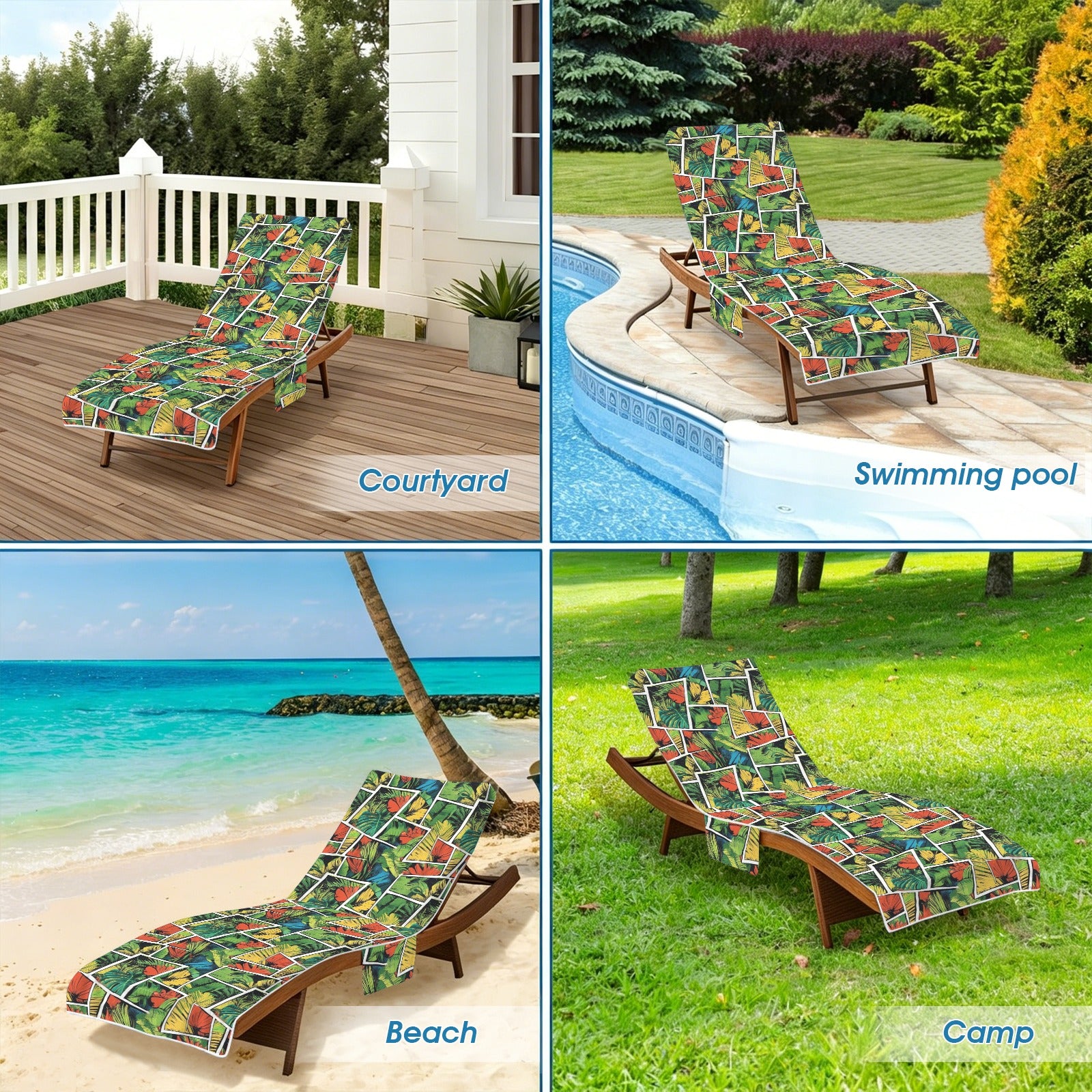 Tropical Comic Book Style Beach Chair Towel Cover with Side Pockets