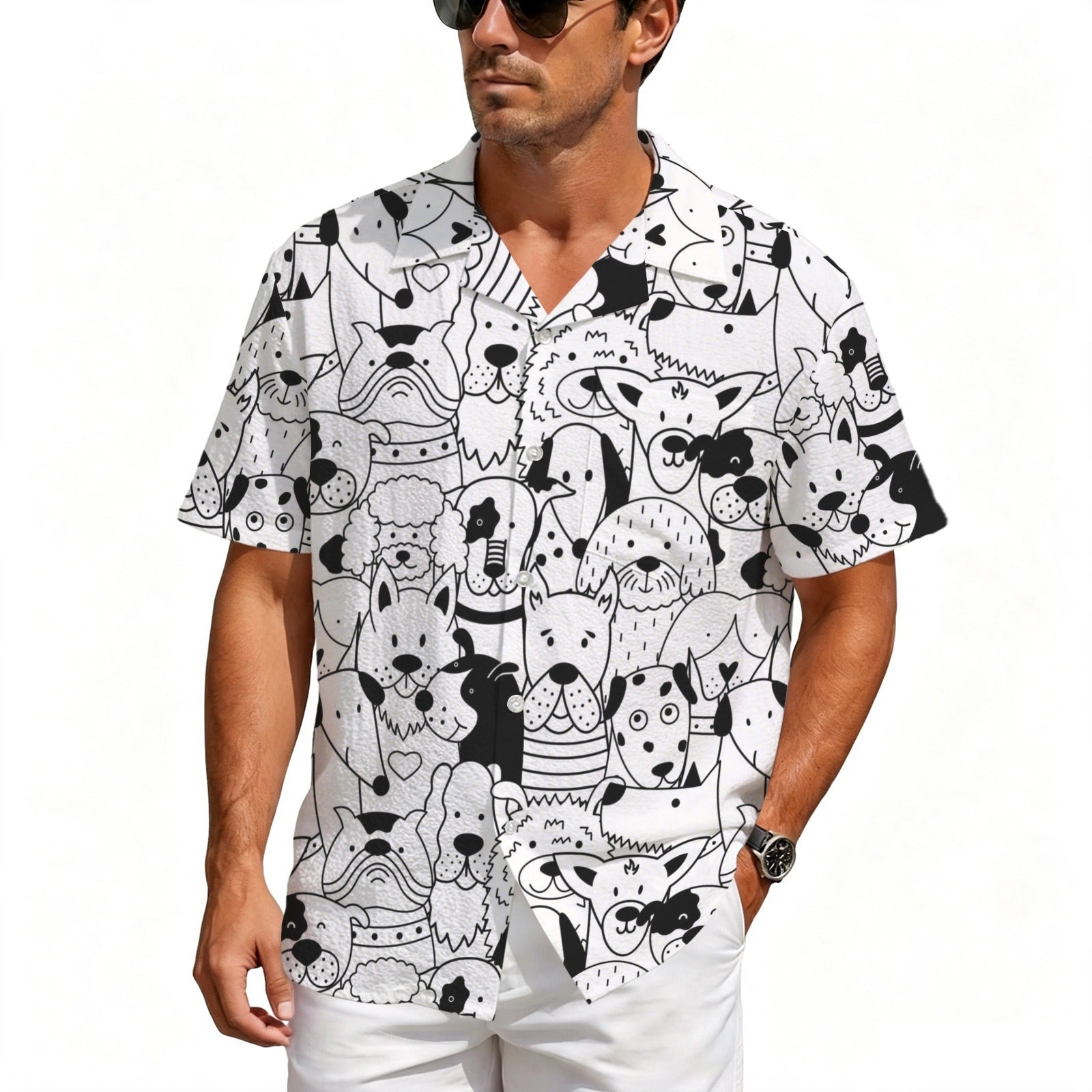 Black And White Dogs Men's Crinkle Hawaiian Shirt