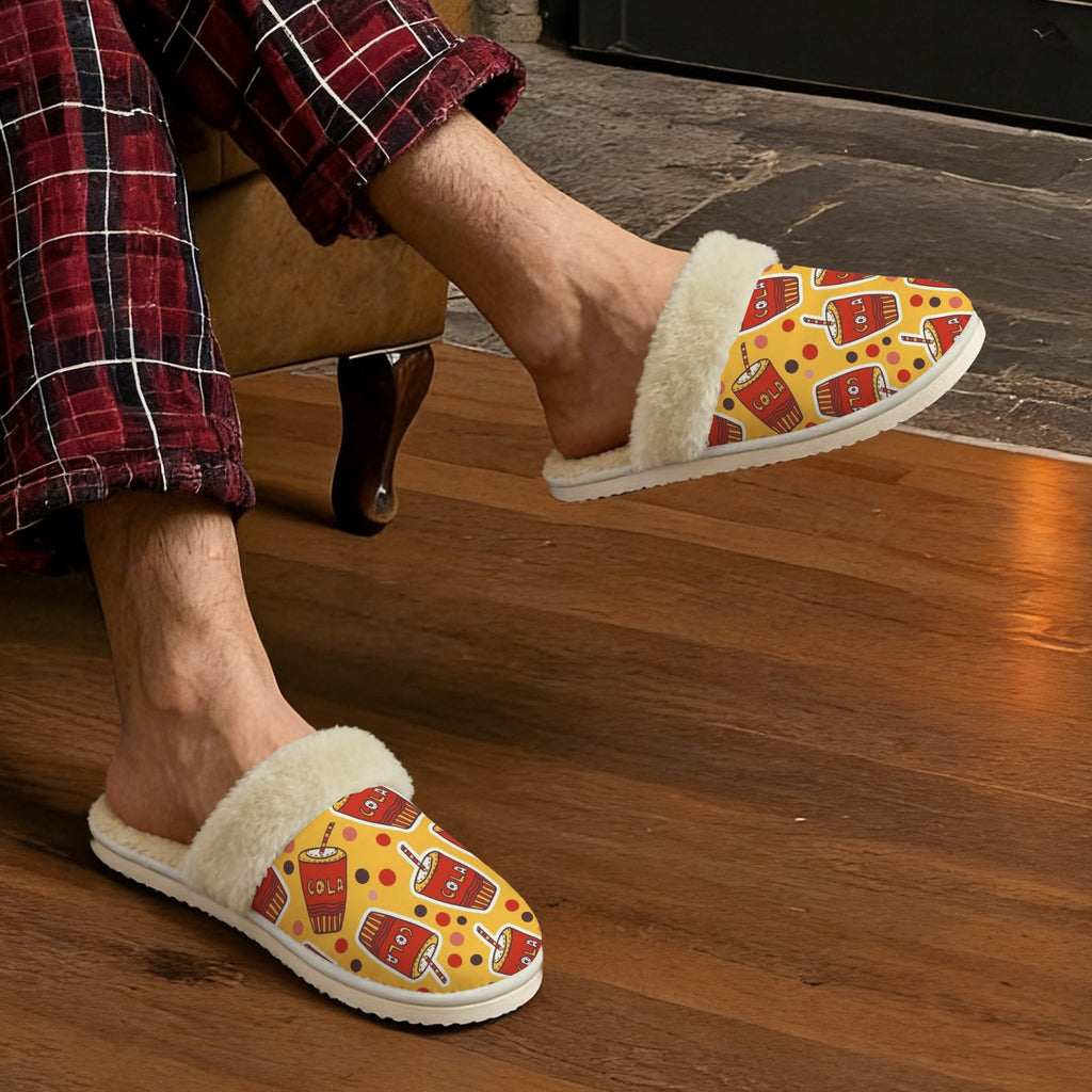 Cola Men's Fur Trim Thick-Sole Indoor Slippers Men's Fur Trimmed Slippers Food Printed Offshore