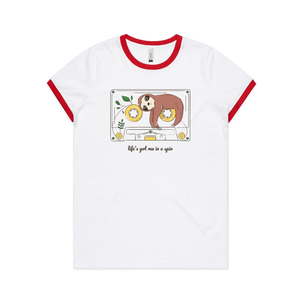 Life's Got Me In A Spin, Cassette Tape, Sloth - Women's Ringer Tee White Red Womens Ringer T-shirt animal Music Printed In Australia