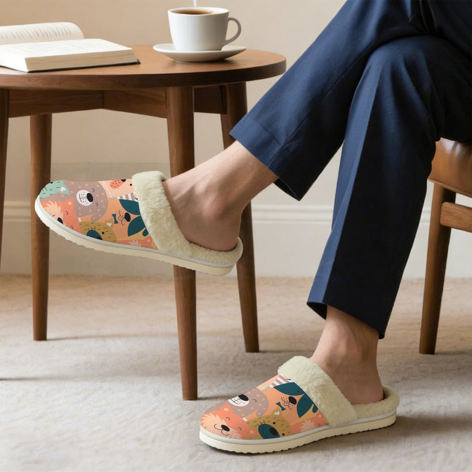 Lots Of Dogs Men's Fur Trim Thick-Sole Indoor Slippers Men's Fur Trimmed Slippers animal Printed Offshore