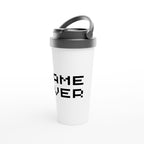 Game Over - White 15oz Stainless Steel Travel Mug Travel Mug Games Globally Fulfilled