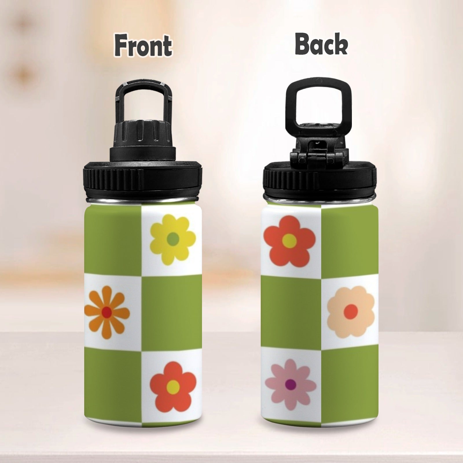 Flower Check Kids Water Bottle with Chug Lid (12 oz) Kids Water Bottle with Chug Lid Plants Printed Offshore