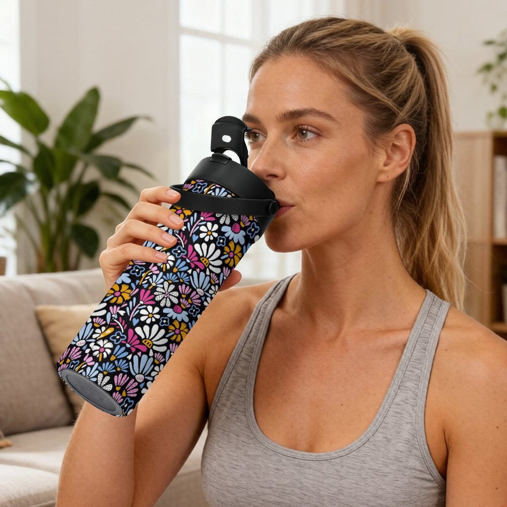 Graphic Flowers On Black 20oz Tea Tumbler with Carry Handle