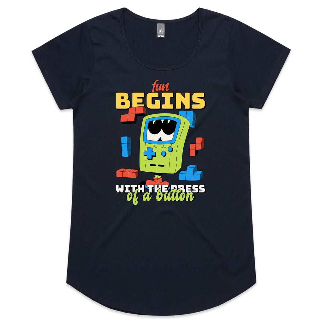 Fun Begins With The Press Of A Button, Game Console - Womens Scoop Neck T-Shirt Navy Womens Scoop Neck T-shirt Games Printed In Australia