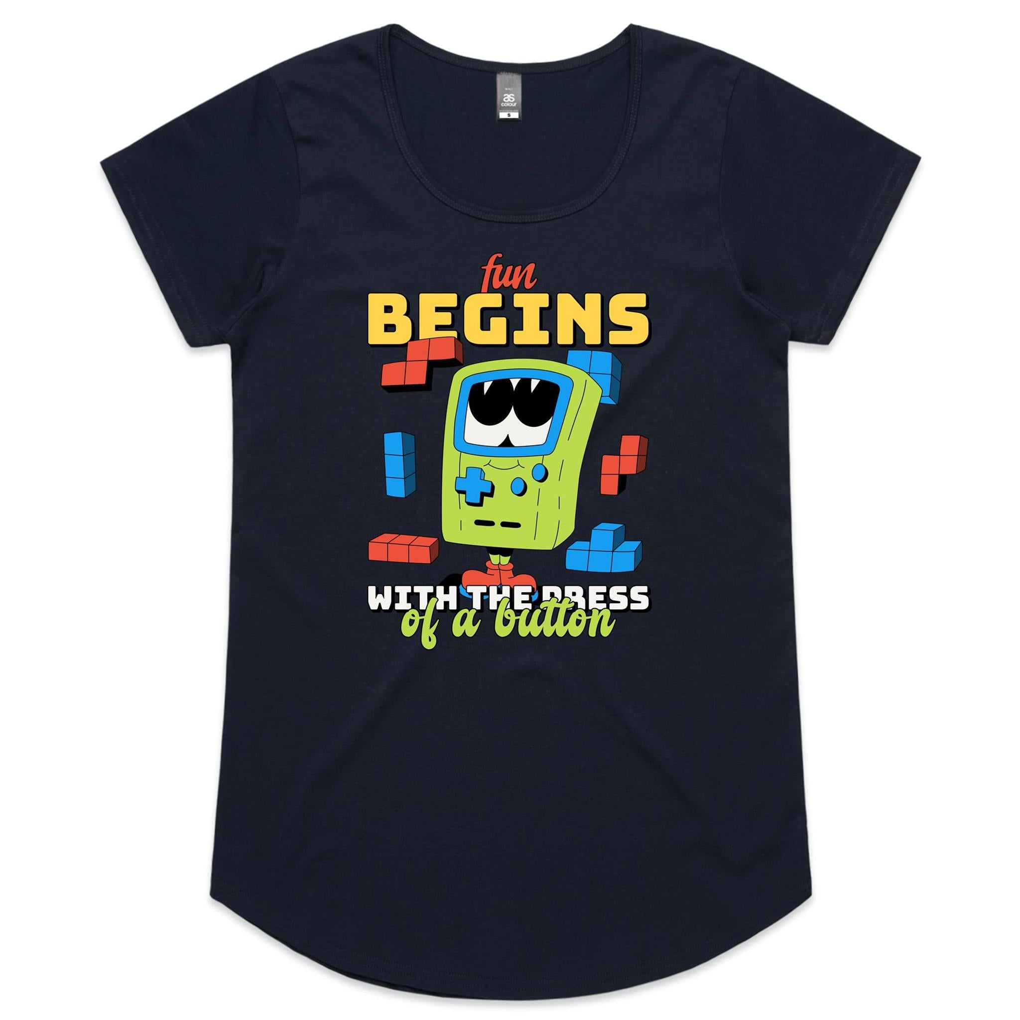 Fun Begins With The Press Of A Button, Game Console - Womens Scoop Neck T-Shirt Navy Womens Scoop Neck T-shirt Games Printed In Australia