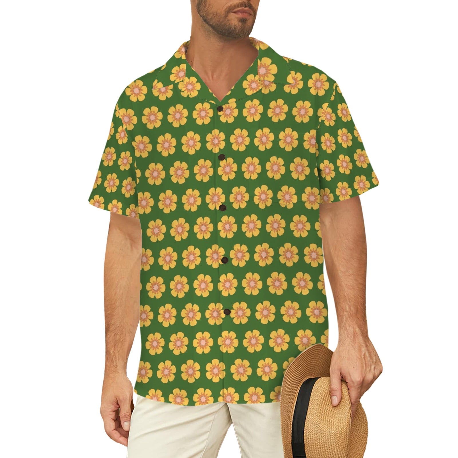 Yellow Flowers On Green Men's Hawaiian Shirt