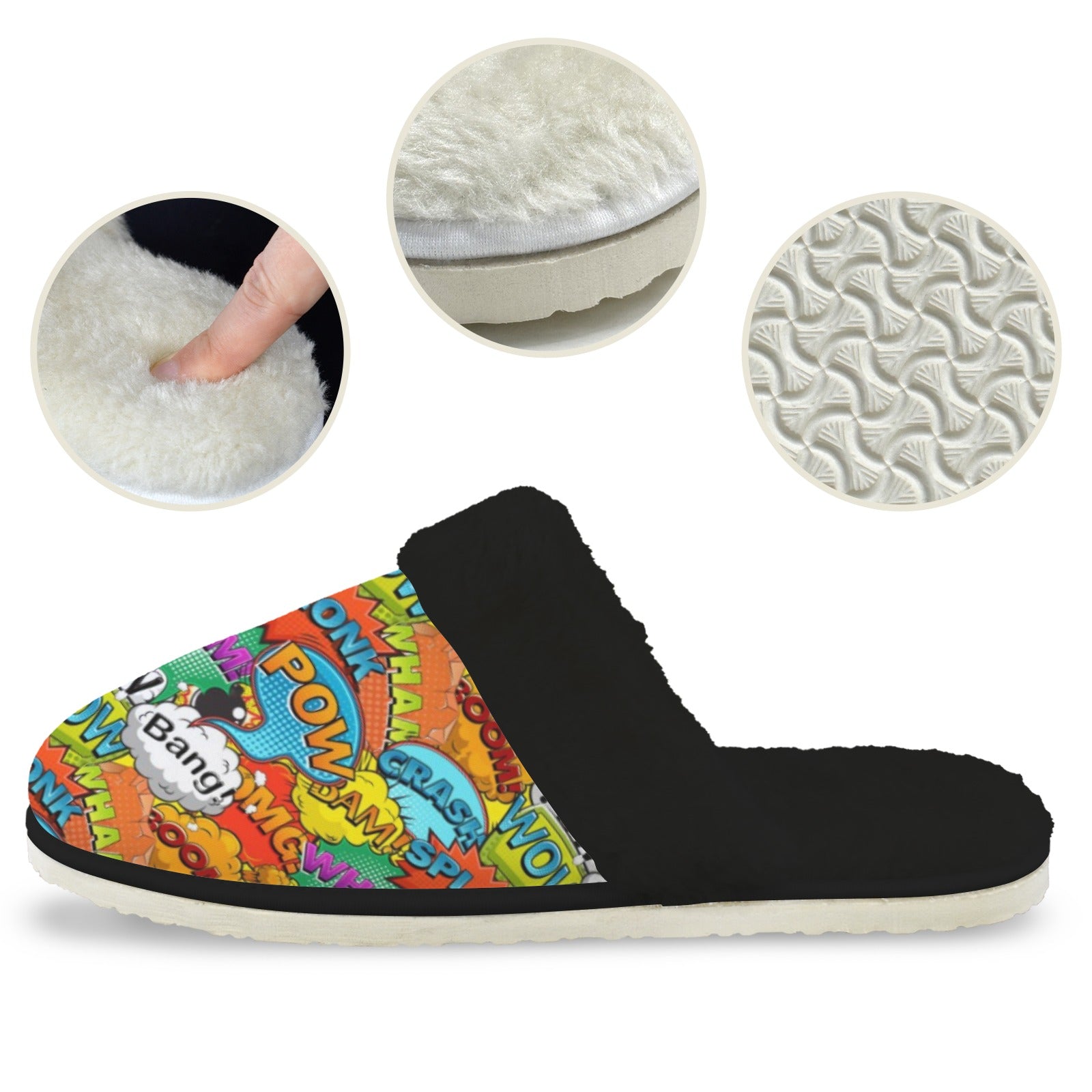 Comic Book 2 Women's Fur Trim Thick-Sole Indoor Slippers Women's Fur Trimmed Slippers comic Printed Offshore