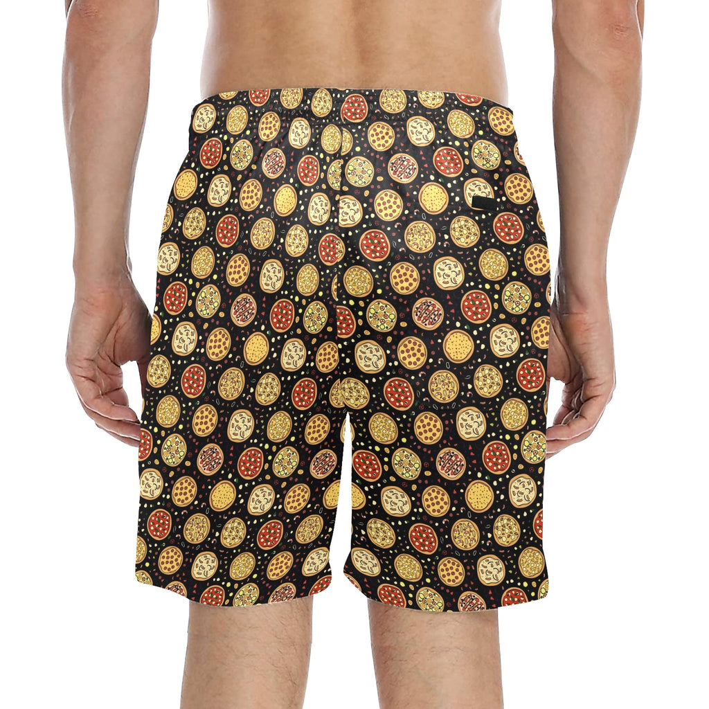 Round Pizzas On Black Men's Mid-Length Beach Shorts Men's Mid-Length Beach Shorts Food Printed Offshore