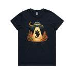 Black Cat Alien UFO Abduction Women's AS Colour T-shirt Navy Womens T-shirt animal Printed In Australia Sci Fi