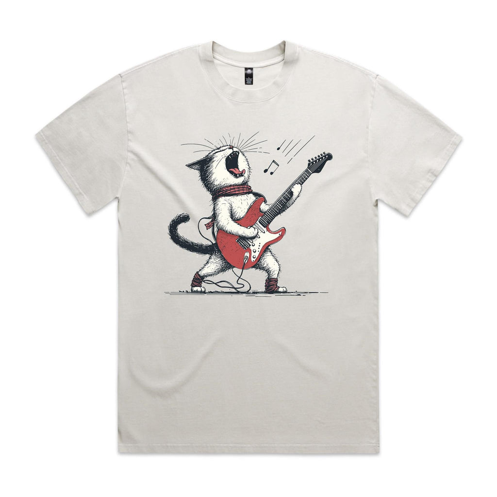 Cat Playing Guitar AS Colour Heavy Faded Tee Unisex Faded bone Heavy Faded T-shirt animal Music Printed In Australia