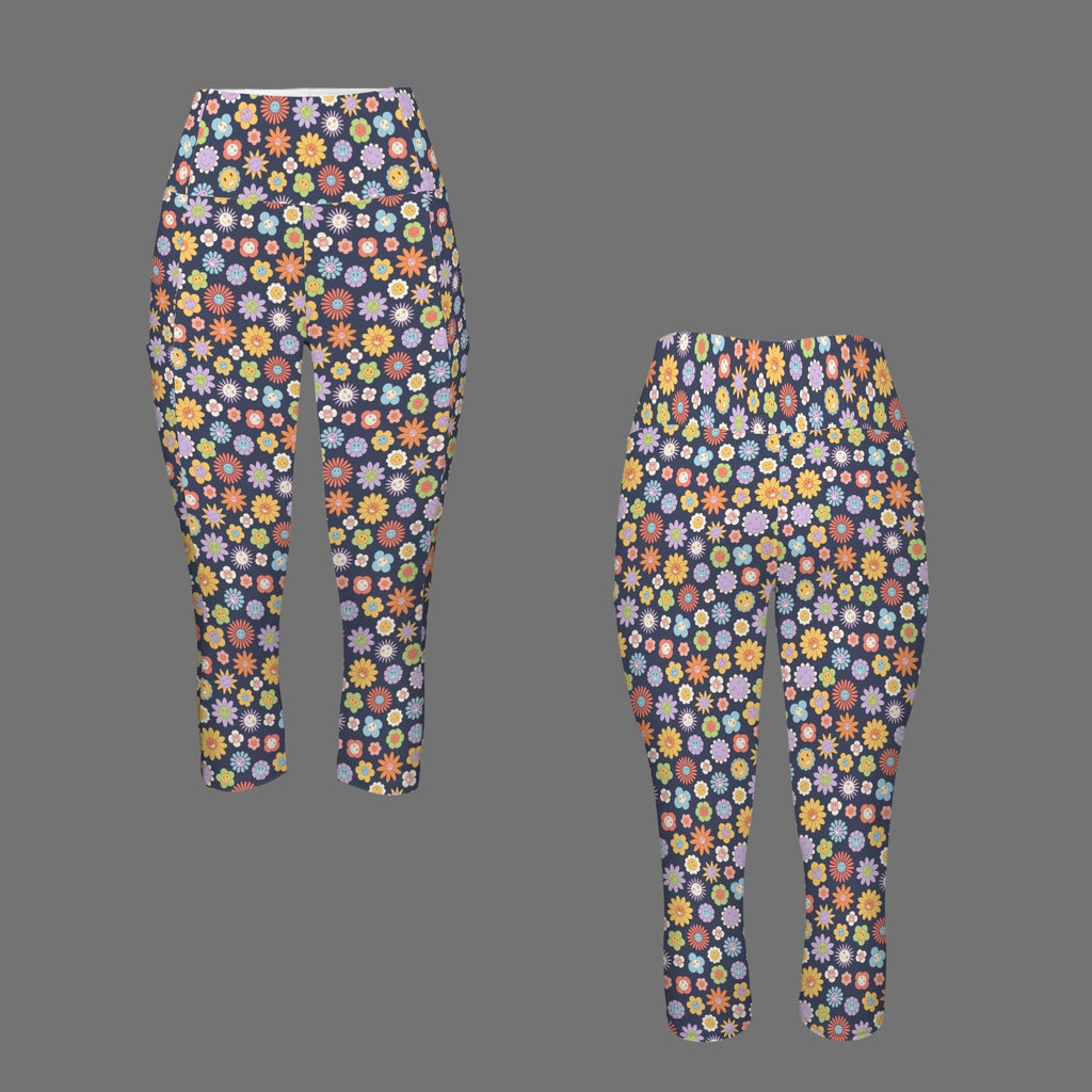 Groovy Flowers Women's High Waist Pocket Capri Yoga Leggings