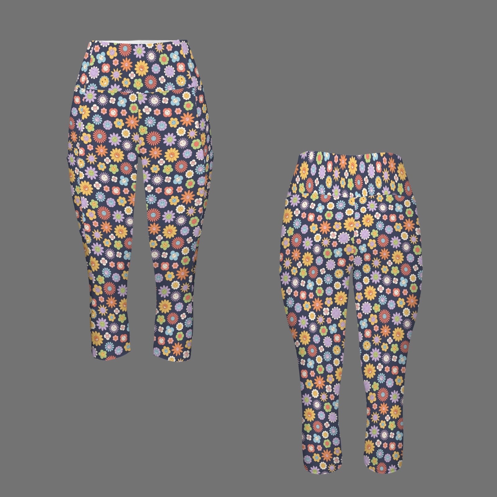 Groovy Flowers Women's High Waist Pocket Capri Yoga Leggings