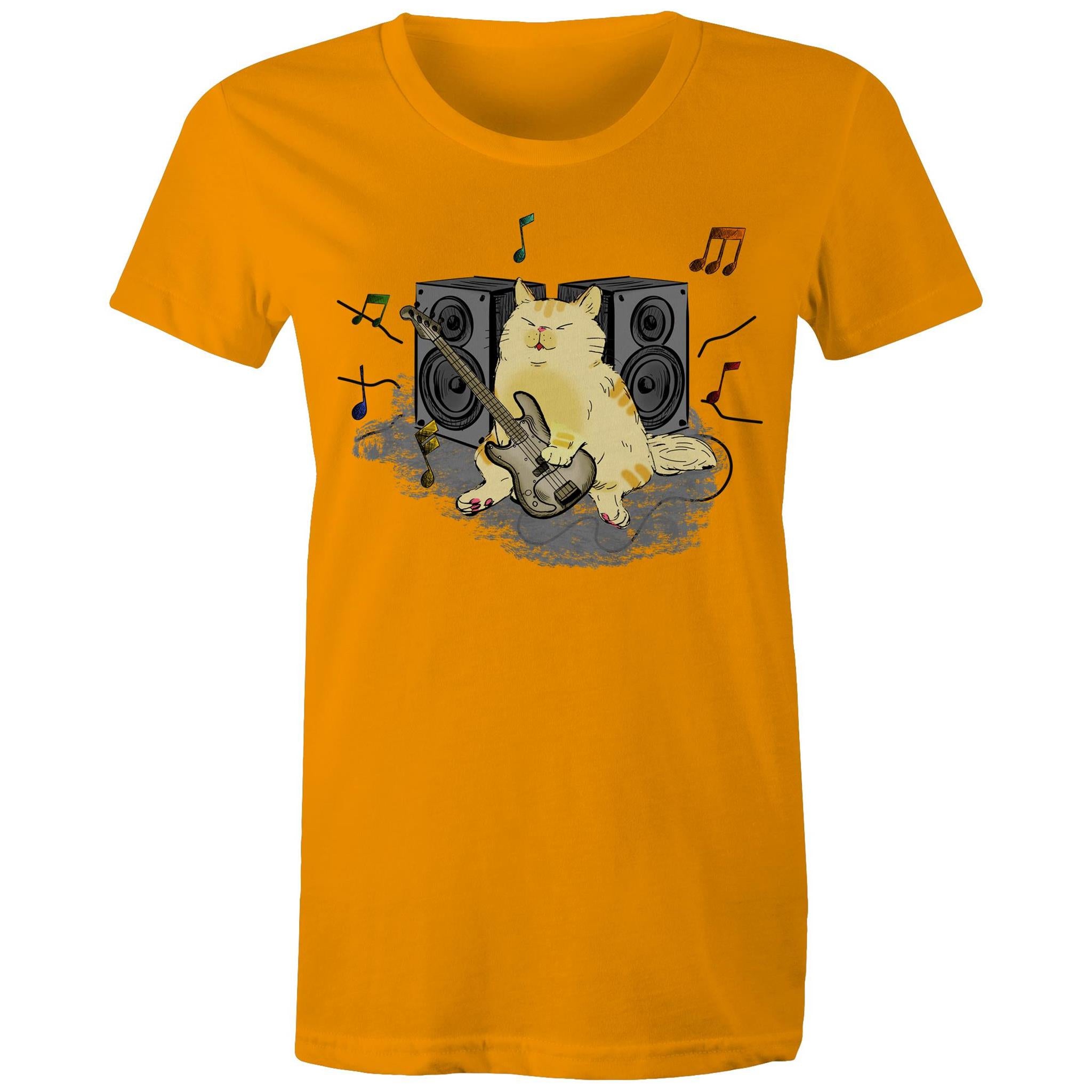 Cat Bass Player - Womens T-shirt Orange Womens T-shirt animal Music Printed In Australia