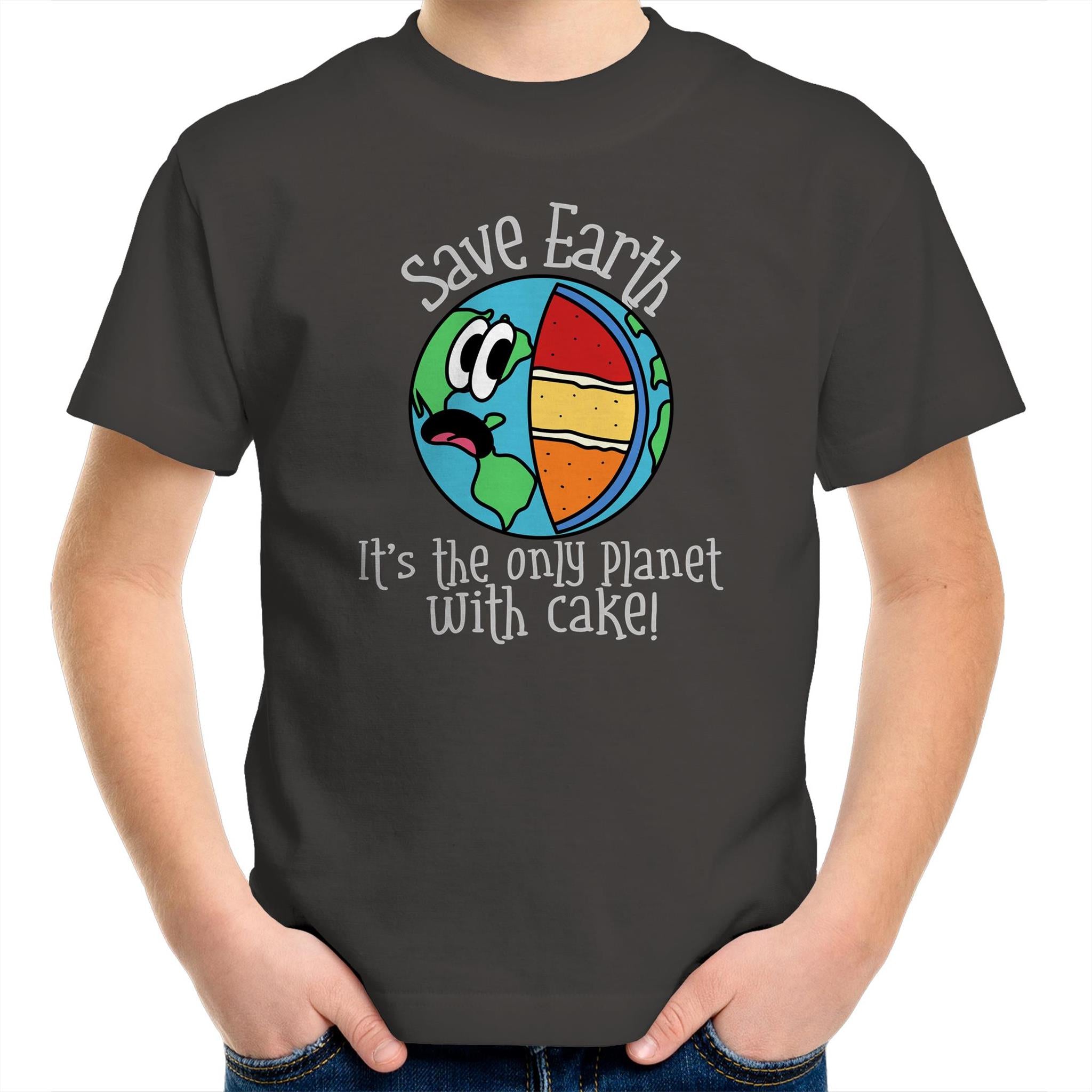Save Earth, It's The Only Planet With Cake - Kids Youth T-Shirt Charcoal Kids Youth T-shirt Environment Food Funny Printed In Australia