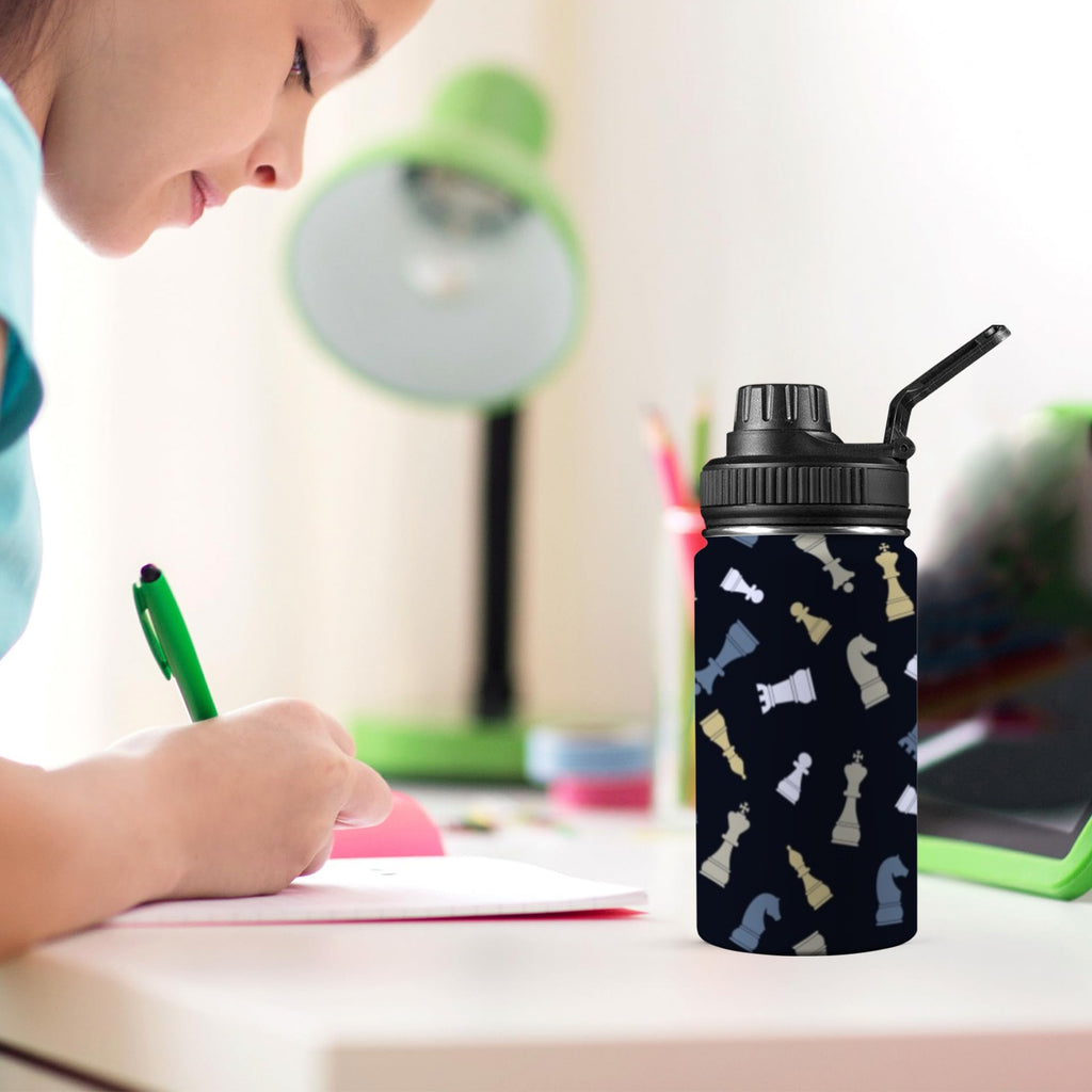 Chess Pattern - Kids Water Bottle with Chug Lid (12 oz) Kids Water Bottle with Chug Lid Chess Games Printed Offshore