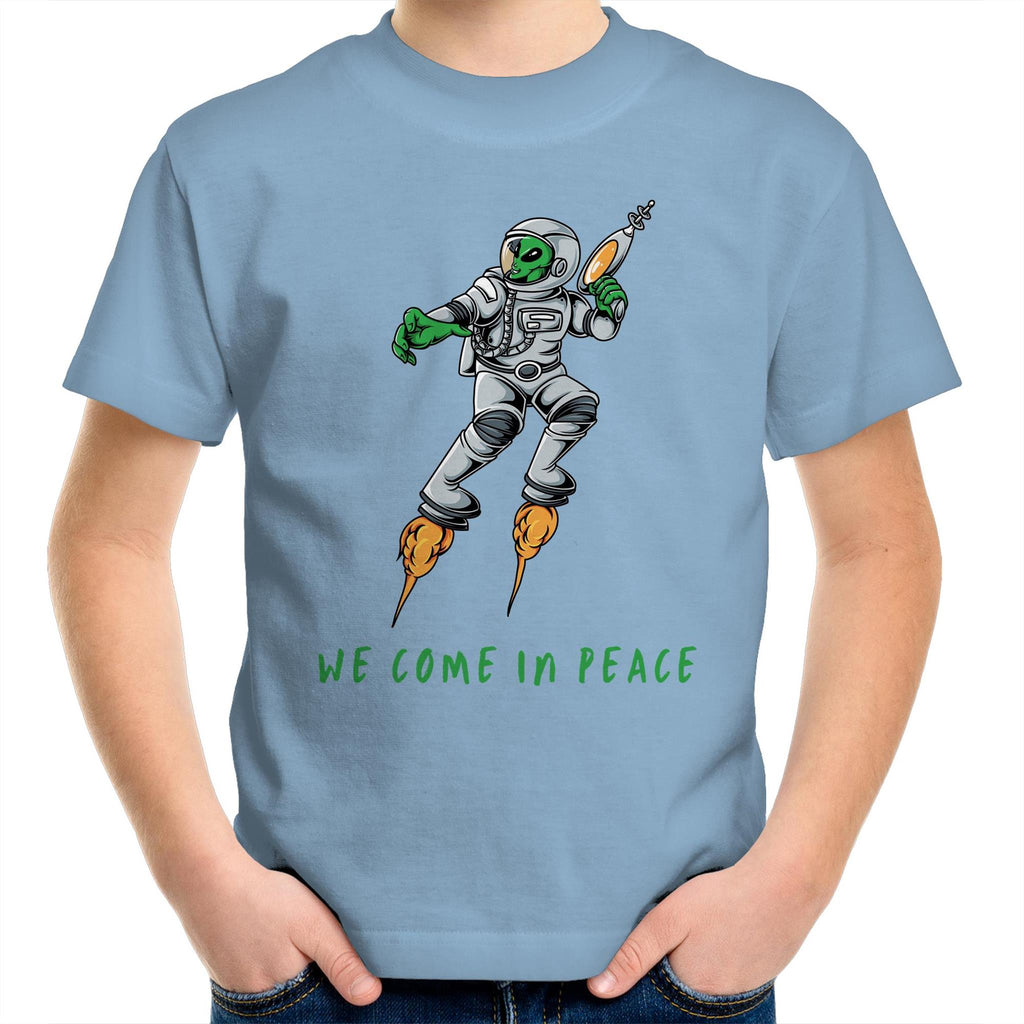 Alien Invasion, We Come In Peace - Kids Youth T-Shirt Carolina Blue Kids Youth T-shirt Printed In Australia Sci Fi